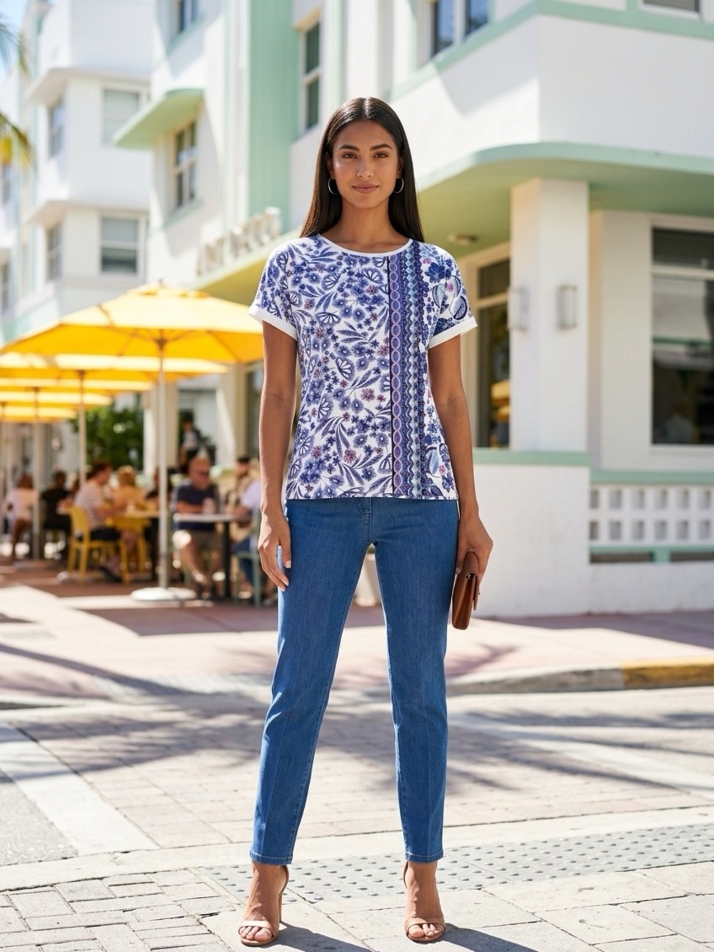 Title: Olsen Organic Cotton Blue Floral Print Short Sleeve Top Women’s M/L 12